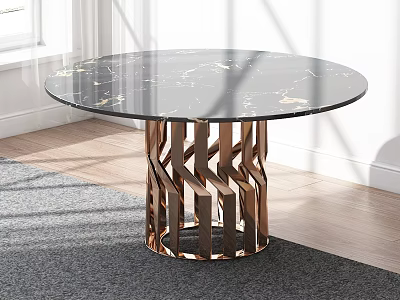 Round Coffee Table With Black Marble Top And Copper Geometric Base On Grey Rug 3d model
