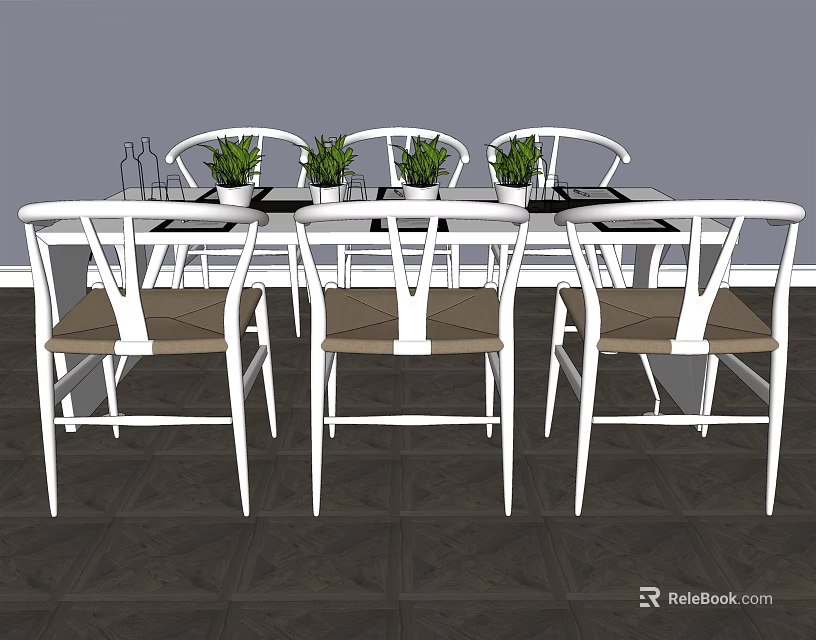 White Conference Table With Modern Chairs And Potted Plants On Tabletop 3d model