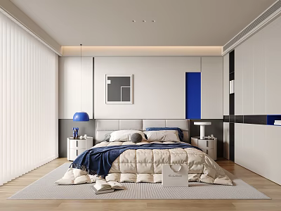Modern Bedroom Interior Design With Blue Lamp Wall Art Wooden Floor And White Curtains 3d model