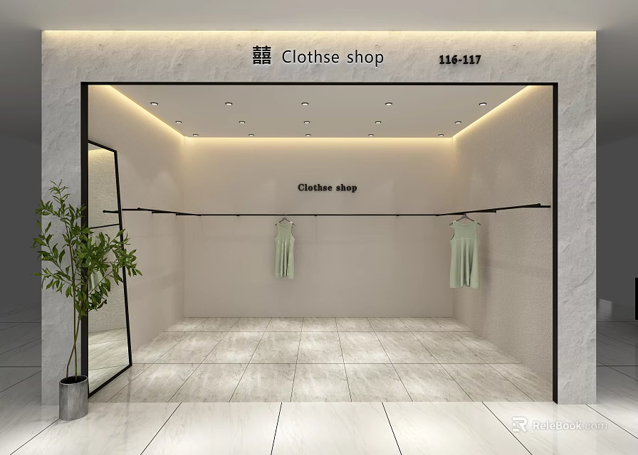 Modern Clothes Shop Interior Design With Hanging Clothes Green Plant Mirror And Ceiling Lights 3d model 
