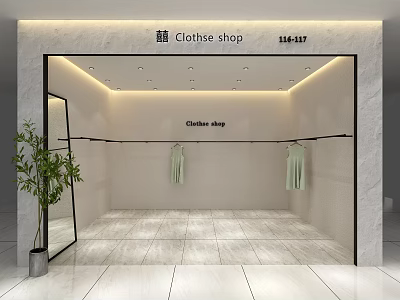 Modern Clothes Shop Interior Design With Hanging Clothes Green Plant Mirror And Ceiling Lights 3d model