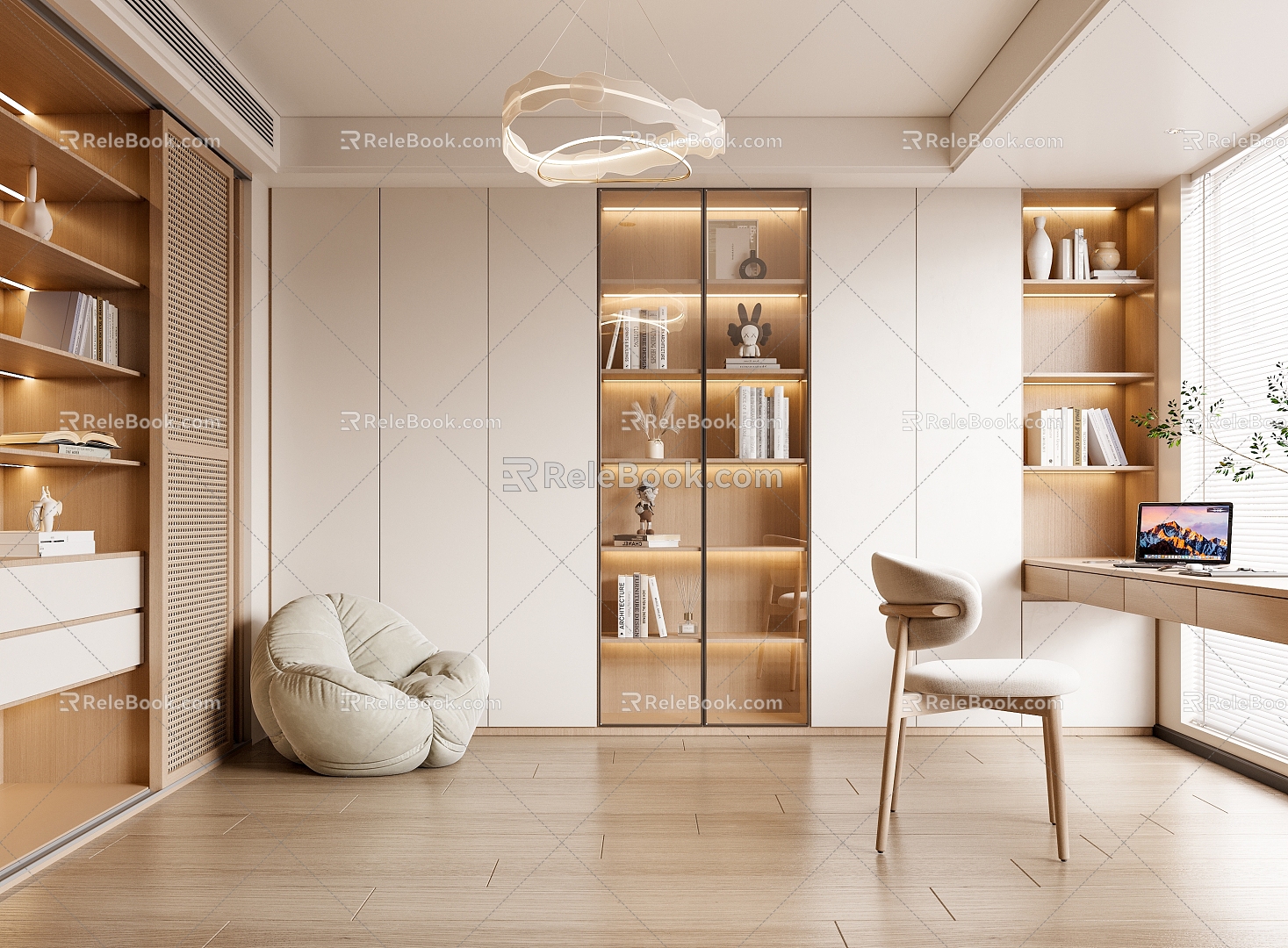 Modern Cream Style Study Desk Bookcase Ornaments Vase Book Single Chair Decorative Cabinet Computer Stool 3d model