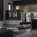 Modern Minimalist Dark Tone Open Living And Dining Room Interior With Premium Marble Furnishings