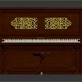 Elegant Red Wooden Piano with Intricate Golden Carvings and Matching Stool for Home Living