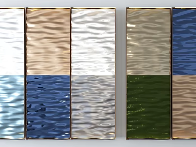 Modern Wavy Texture Wall Decor with Blue Green Gold Silver Panels and Golden Frames 3d model