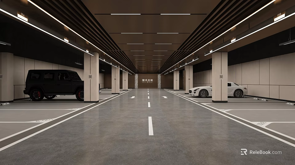 Modern Parking Garage Interior With Well Lit Space Marked Lanes And Parked Cars 3d model 