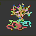 Vibrant Abstract 3D Structure With Green Red Branching And Coiled Curved Parts