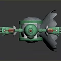 Green Mechanical Game Movie Character With Multiple Red Arm Components Cloud Like Base
