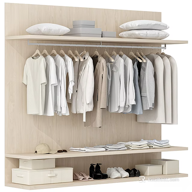 Minimalist Wooden Closet With Hanging Shirts Jackets Folded Clothes And Storage Boxes 3d model 