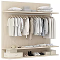 Minimalist Wooden Closet With Hanging Shirts Jackets Folded Clothes And Storage Boxes