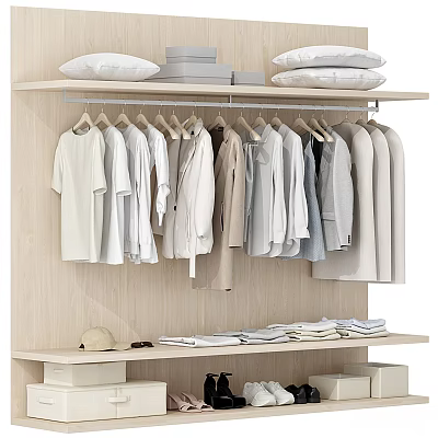 Minimalist Wooden Closet With Hanging Shirts Jackets Folded Clothes And Storage Boxes 3d model