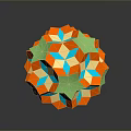 Colorful 3D Geometric Sphere with Orange Green Blue Star Polygons and Reflection