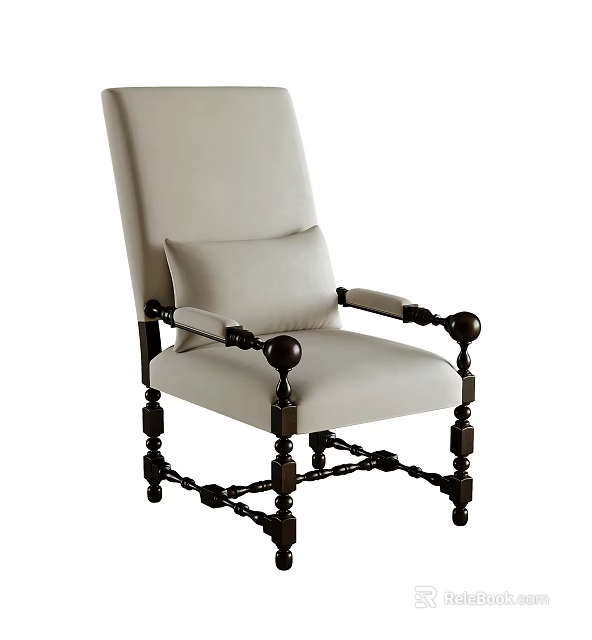 Classic Design Accent Chair With Light Beige Fabric Cushion And Dark Wooden Armrest Legs 3d model 