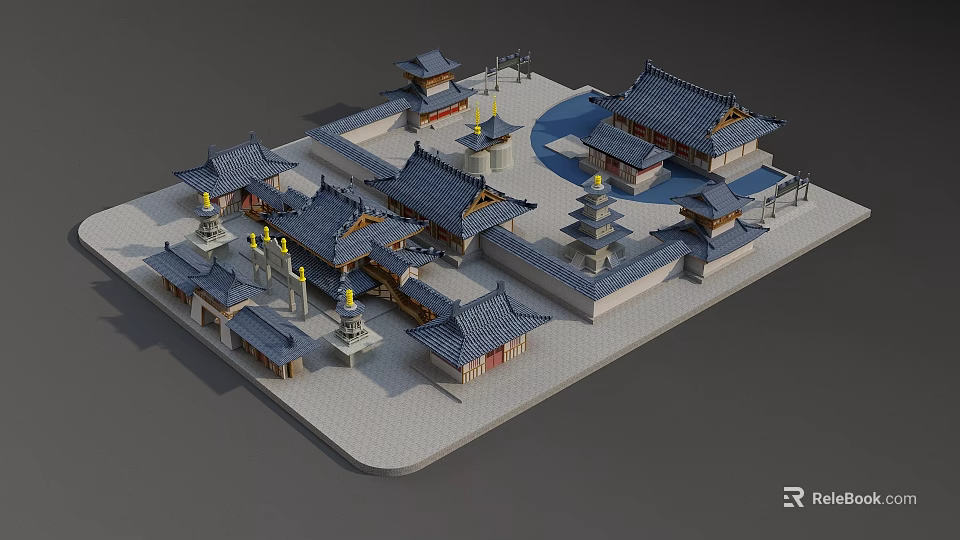 Ancient Chinese Architectural Complex Model Featuring Blue Tiled Roofs Courtyard And Pagoda Structures 3d model