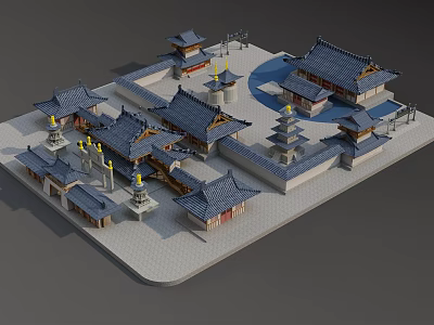 Ancient Chinese Architectural Complex Model Featuring Blue Tiled Roofs Courtyard And Pagoda Structures 3d model