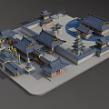 Ancient Chinese Architectural Complex Model Featuring Blue Tiled Roofs Courtyard And Pagoda Structures 3d model