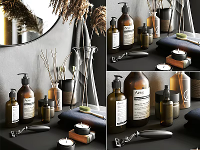 Stylish Daily Use Cleaning Toiletries With Various Bottles And Jars On Bathroom Countertop 3d model
