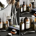 Stylish Daily Use Cleaning Toiletries With Various Bottles And Jars On Bathroom Countertop