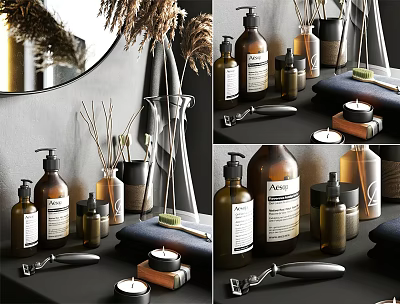 Stylish Daily Use Cleaning Toiletries With Various Bottles And Jars On Bathroom Countertop 3d model