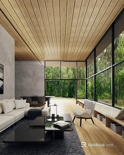 Modern Living and Dining Room Interior Design With Wooden Ceiling Large Windows And Forest View 3d model 