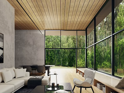 Modern Living and Dining Room Interior Design With Wooden Ceiling Large Windows And Forest View 3d model