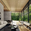 Modern Living and Dining Room Interior Design With Wooden Ceiling Large Windows And Forest View