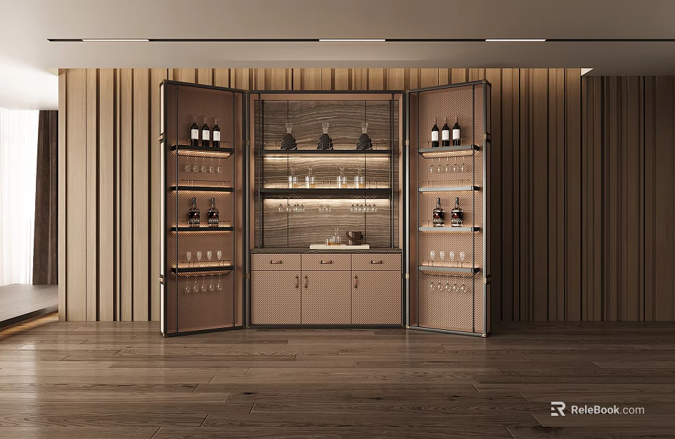 Elegant Modern Wine Cabinet Design With Glass Doors Wine Bottles Glass Racks And Interior Lighting 3d model 