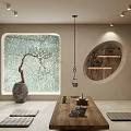 Serene Tea Room Interior With Wooden Tea Table Tatami Mats And Potted Tree