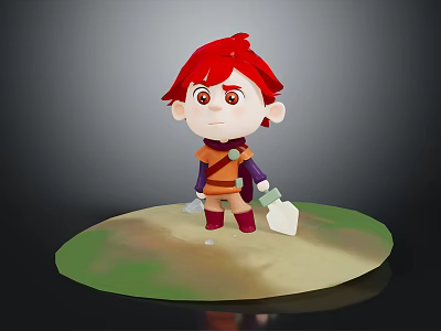 Cartoon Child With Red Hair Orange Purple Outfit Holding White Object On Green Yellow Ground 3d model