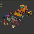 Construction Site Tools With Bulldozer Roller Wheelbarrow Traffic Cones And Barriers 3d model
