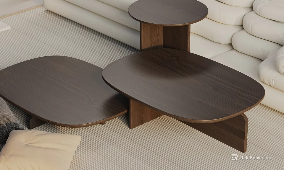 Modern Wooden Coffee Tables Design With Unique Shapes In Living Room And White Sofa 3d model 