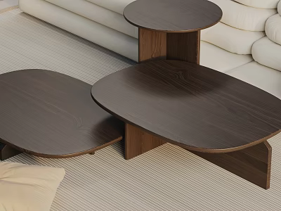 Modern Wooden Coffee Tables Design With Unique Shapes In Living Room And White Sofa 3d model