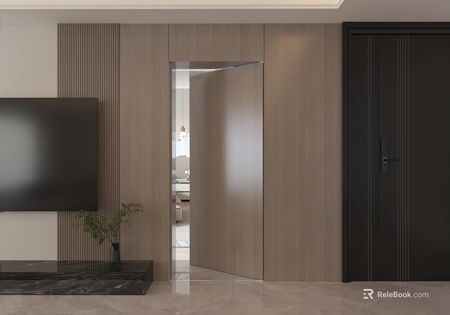 Modern Living Room Featuring Sleek Hinged Door With Wooden Panel Walls And TV 3d model 