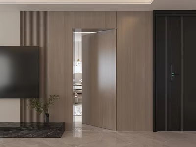 Modern Living Room Featuring Sleek Hinged Door With Wooden Panel Walls And TV 3d model