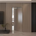 Modern Living Room Featuring Sleek Hinged Door With Wooden Panel Walls And TV
