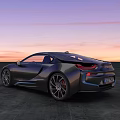 Black BMW i8 Car Parked On Empty Ground With Sunset Sky Purple Orange Clouds