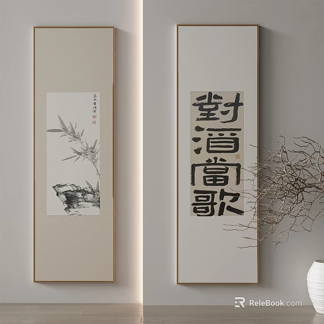 Traditional Chinese Scroll Art With Calligraphy And Bamboo Ink Painting Decor 3d model 