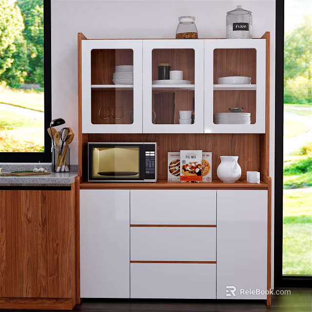Modern Wooden And White Sideboard With Glass Door Dishes Cups Microwave Kettle And Food Packages 3d model 