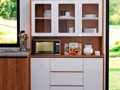 Modern Wooden And White Sideboard With Glass Door Dishes Cups Microwave Kettle And Food Packages 3d model