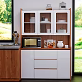 Modern Wooden And White Sideboard With Glass Door Dishes Cups Microwave Kettle And Food Packages