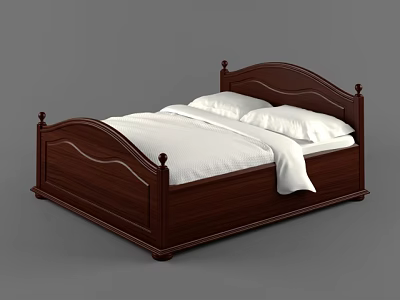 Classic Dark Wooden Double Bed Frame with Carved Headboard Footboard and White Bed Sheets Pillows 3d model