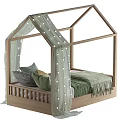 Kids House-Shaped Wooden Bed With Green Curtains String Lights And Cozy Pillows