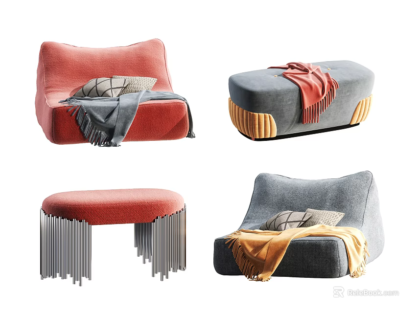 Various Styles Lazy Sofa In Red Gray With Colorful Blankets Pillows And Metal Legs 3d model 