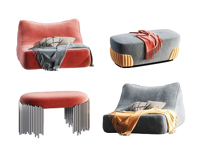Various Styles Lazy Sofa In Red Gray With Colorful Blankets Pillows And Metal Legs 3d model