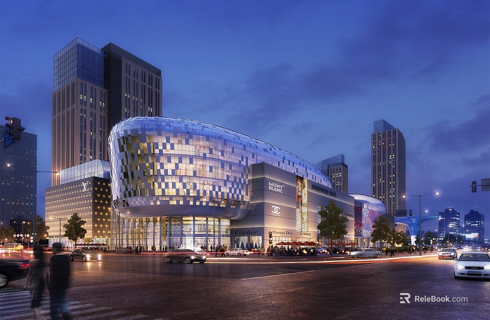 Modern Urban Architectural Complex With Glass Facade Night Street View And Pedestrians 3d model 