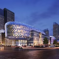 Modern Urban Architectural Complex With Glass Facade Night Street View And Pedestrians