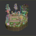 Cartoon Landscape Miniature with Wooden House Green Trees Little Figure Tree House and Wooden Stairs