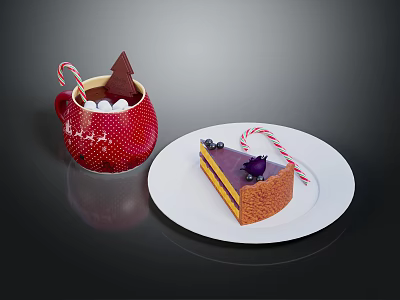 Red Star Mug With Hot Cocoa Marshmallows Candy Cane And Layered Cake With Blueberries On White Plate 3d model