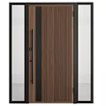 Modern Entrance Door With Wooden Texture Glass Panels And Black Metal Frame
