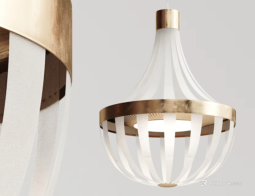 Elegant Modern White And Gold Chandelier With Striped Lampshade And Metal Frame 3d model 